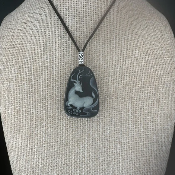 Tai Chi Stone Deer Pendant Necklace, Sterling Silver Accent on Adjustable Rope - Picture 6 of 9
